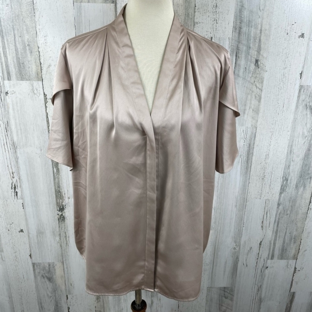 Calvin Klein Womens Plus Size Tan Satin Like Sheen V Neck Short Sleeve Blouse 2x